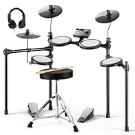 🆕【Premium 7-Piece Beginner Drum Kit】The upgraded DED-70 electric drum set includes 4x 6.5" dual-layer quiet mesh drum heads and 3x 9" oversized rubber cymbals for authentic rebound and responsiveness, mimicking acoustic drums while keeping noise leve...