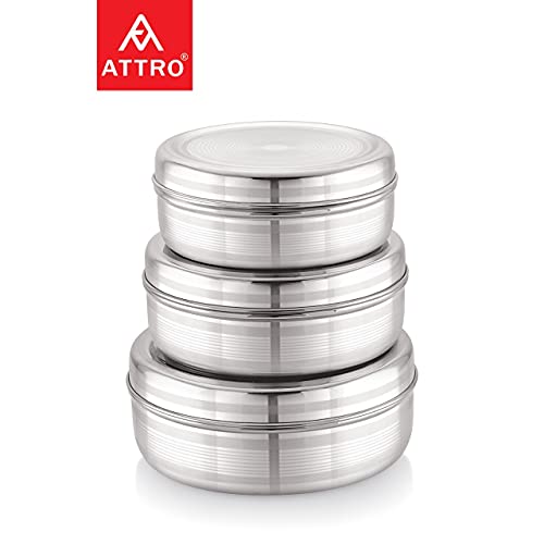 Image of Attro Stainless Steel Puri Dabba with Lid, Food Storage Containers, Big (1100ml), Medium (900 ml), Small (700ml) - Set of 3, Silver, Standard