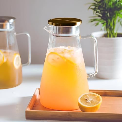Image of Borosilicate Water Jug with Lid, Stainless Steel Air Tight Lid, Iced Tea Pitcher, Water Jug, Hot Cold Water, Milk and Juice Beverage Carafes - 1800ml Water Glass Jug (Glass Water Jar)
