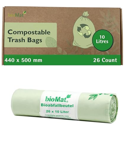 bioMat Compostable 10l Food Waste Bags with Carrying Handle, 26 Bags, Premium Quality, DINplus certified, Climate Neutral, Made in Germany