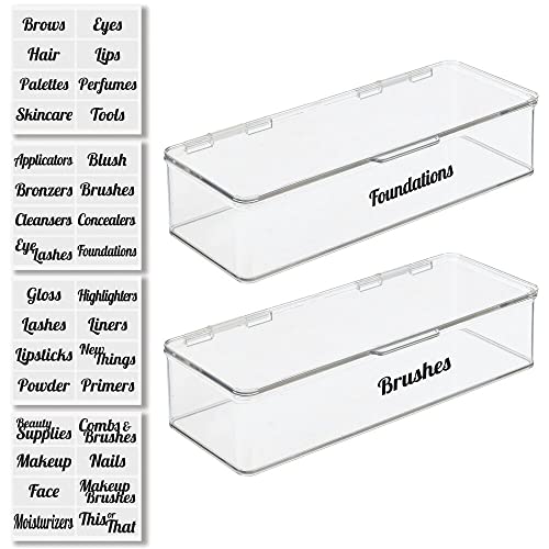 mDesign Plastic Stackable Plastic Bathroom Vanity Countertop Storage Cosmetic Organizer Box with Hinged Lid for Makeup, Beauty, Hair, Nail Supplies - Pack of 2, Includes 32 Labels - Clear