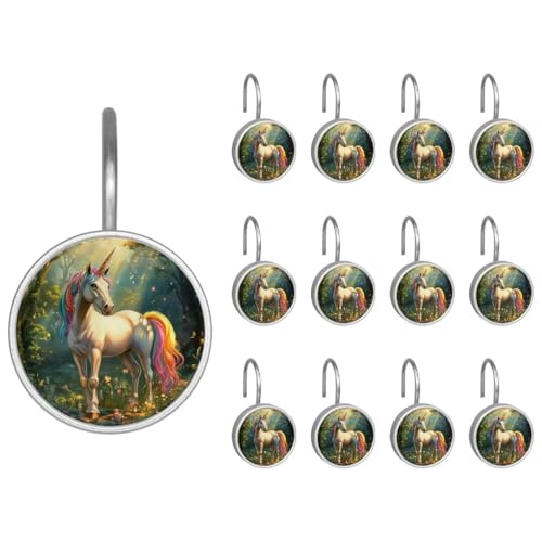 12pcs Glass Shower Curtain Hooks, Rust Resistant Decorative Shower Rings for Bathroom Living Room,Stainless Steel Hooks for Shower Curtain and Liner Rods (Spring Sun Unicorn)