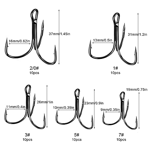 Bhina 50 Stück Drillingshaken Kohlenstoffstahl,Angelhaken Drillingshaken,Kohlenstoffstahl Angelhaken,Drillinge… – Bild 4