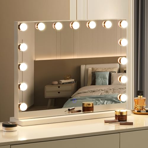 Amifiy Hollywood Vanity Mirror with Lights, 23"x18" Lighted Makeup Mirror for Desk/Wall Mount, 15 Led Bulbs, 3 Lighting Modes for College Dorm, Bedroom & Dressing Room (White)