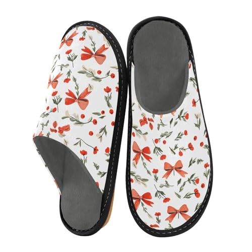 Slippers for Women Red Bow Red Berry Pattern Soft Winter Warm Shoes Indoor Outdoor Non-Slip House Travel Slippers