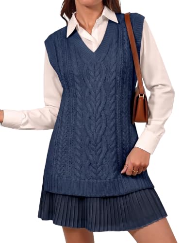 Fisoew Womens Cable Knit Sweater Vest Pleated Patchwork Sleeveless Dress