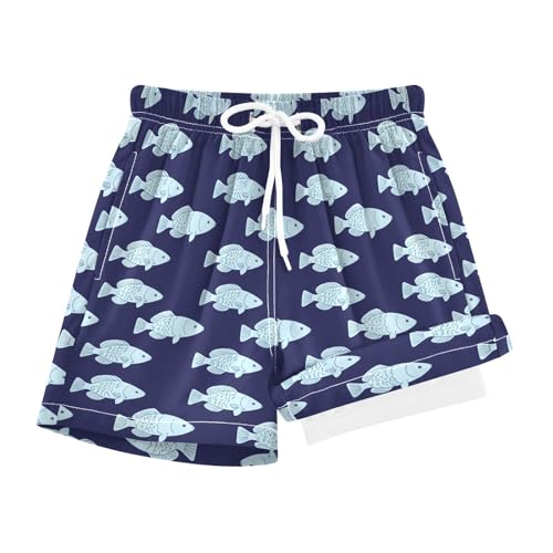 Navy Blue Fishes Boys Swim Trunks with Compression Liner Quick Dry Bathing Bottom Kids Beach Shorts