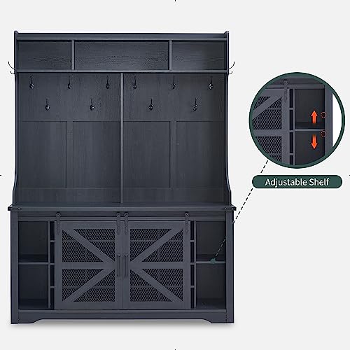 JXQTLINGMU 59" Farmhouse Hall Tree with Shoe Storage, Entryway Bench with 20 Cubbies, 12 Hooks & Sliding Barn Doors, Mudroom Coat Rack Cabinet, Black