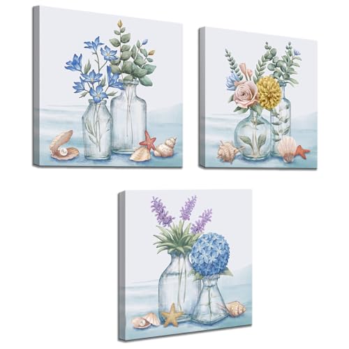 Biuteawal 3 Piece Floral Canvas Wall Art Vivid Flower Bouquet with Seashell Starfish Picture Print Blue Painting Still Life Artwork Home Bathroom Dining Room Decor Framed Ready to Hang
