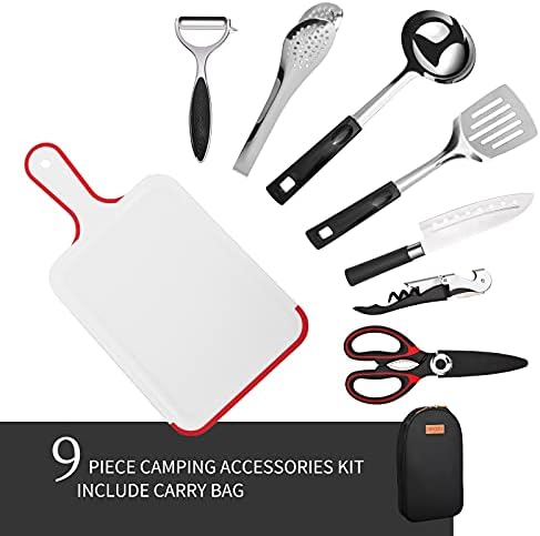 ISFORU Camping Accessories Set, 9PCS Camping Kitchen Utensil Organizer Travel Kit with Peeler, Cutting Board, Bottle Opener and Storage Bag for Outdoor Hiking Picnic Trekking
