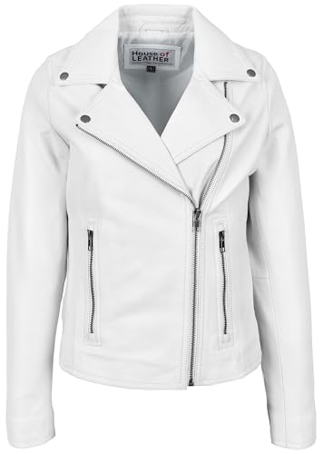 Womens Real Leather Biker Jacket Cross Zip Style Lola (UK, Numeric, 14, Regular, Regular, White)