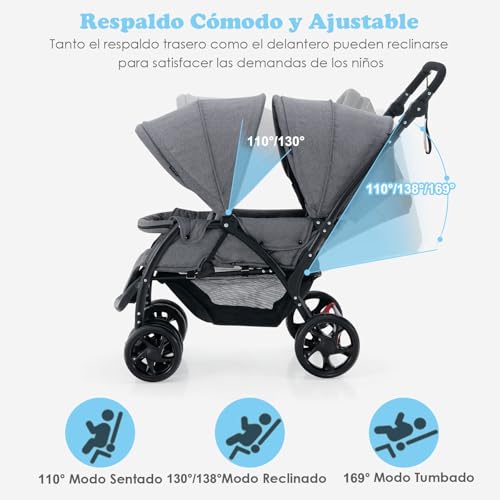 Miniatura 5 de Costway Carrito Gemelar Plegable, Silla De Paseo Doble Carga Hasta 30kg, Sillita Doble Para Gemelos Con Cinturón De Seguridad De 5 Puntos, Respaldo Ajustable Y Ruedas Bloqueables Gris