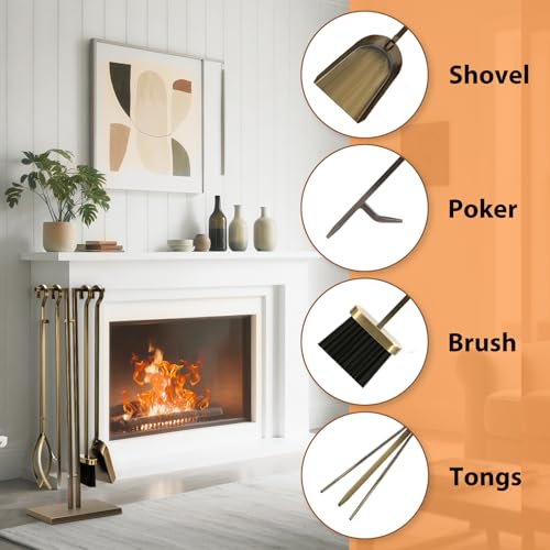 FEED GARDEN 29 Inch Fireplace Tools Set 5 Pieces Wrought Iron Fire Place Set Tools Indoor Outdoor Fireplace Accessories with Poker, Tongs, Shovel, Brush, Base, Antique Bronze