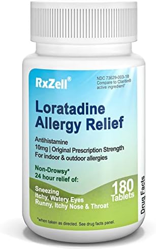 RXZELL Allergy Relief, Loratadine 10mg, 180 Tablets – 24 Hour Non-Drowsy Antihistamine Allergy Medicine