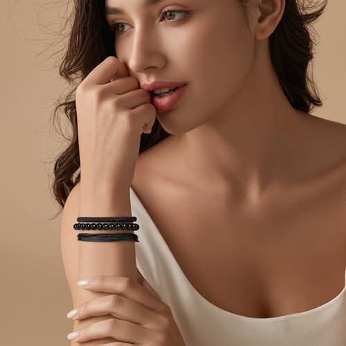 GolbalJew Healing Crystal Beaded Bracelets for Women Men, 6mm Stone Beads Bracelets Set with 2PCS Adjustable Rope Bracelets2