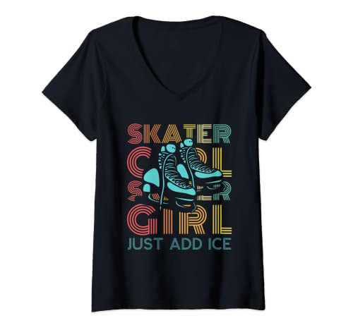 Mujer Retro Skater Chica Vintage Hielo Figura Patinaje Deportes de Invierno Camiseta Cuello V