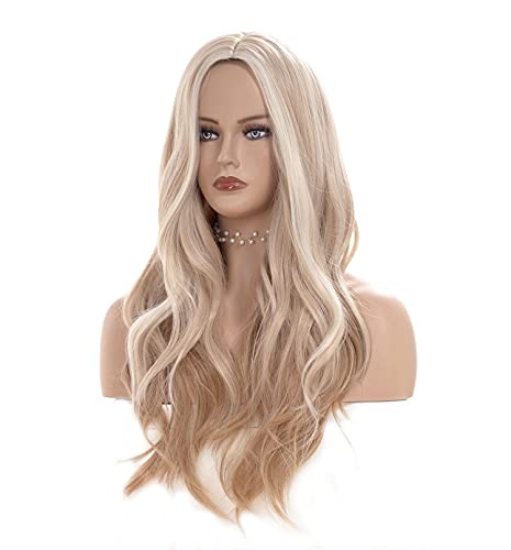 Gerulyss 26 Inches Light Blonde Mix Strawberry Blonde Wigs For Women Long Wavy Middle Part Wig Natural Looking Synthetic Fluffy Hair For Cosplay,Halloween,Daily Use (Wavy, Platinum Mix Strawberry Blonde) #TOP1