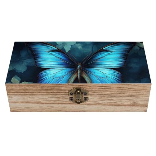 FekiLoot Caja de recuerdos de madera con patrón de mariposa azul, caja del tesoro de memoria, pequeño cofre del tesoro de madera, baúl decorativo para recuerdos, para manualidades y almacenamiento de