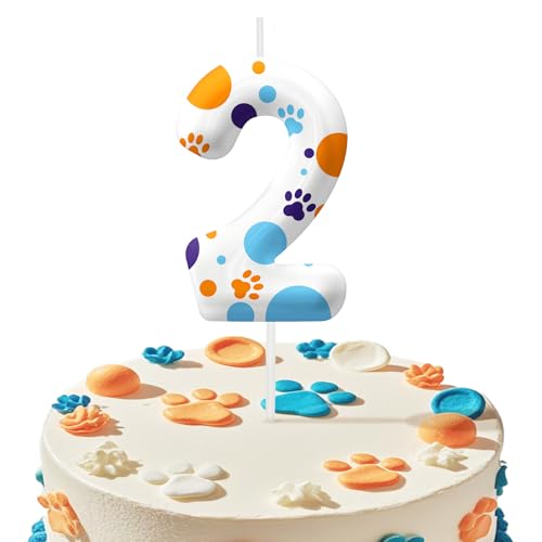 Blue Dog Paw 2nd Birthday Candle, Birthday Party Cake Decorations, Number 2 Candles Cake Topper, Dog Lovers Themed for Boys Girls Party Supplies