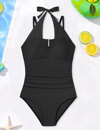 Image of Girls Swimsuit Halter One Piece Swimsuits Solid Ruched Bathing Suit for Girls Quick Dry Summer Beach Swimwear 11-18Y