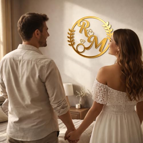 Image of LET'S DIY Personalized Round Acrylic Wall Sign - Custom Couple Initials /Names - Shiny Mirror Gold or Silver - Wedding, Anniversary & Home Decor - Lightweight - Custom Sizes & Shapes Available