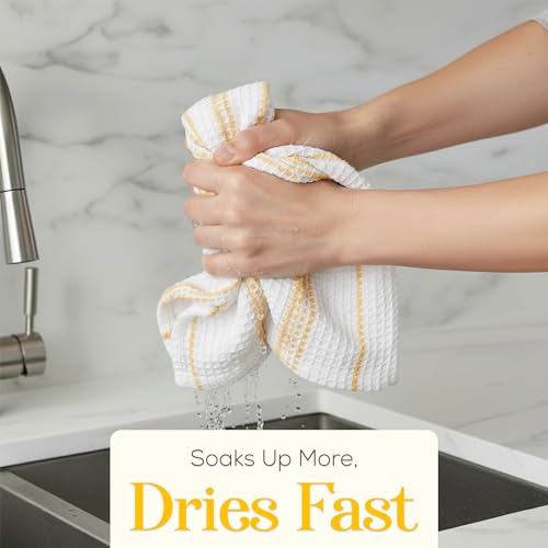Image of Kitchen Towels Set of 4 Dish Towels Yellow n White Waffle Weave Cotton Hand Towels, 18 x 28 Absorbent Kitchen Linens