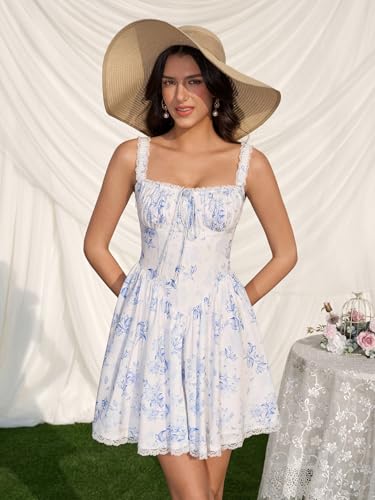 Image of Womens Summer Floral Mini Dress Square Neck Tie Front Lace Spliced Ruched Backless Casual Party Graduation Short Dresses