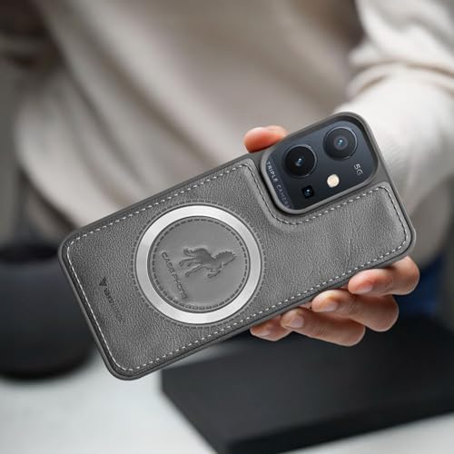 Image of Vaku Luxos Astrid Back Cover Case for Vivo Y75 5G Leather Stitched Magnetic Magsafe Wireless Charging TPU Phone Case Camera Screen Protector- Grey