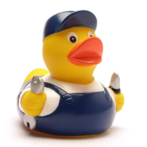 Duckshop I Badeente Mechaniker I Quietscheente I L: 8 cm I inkl. Quietscheentchen-Schlüsselanhänger im Set I Geschenk Handwerker I Präsent für Sammler