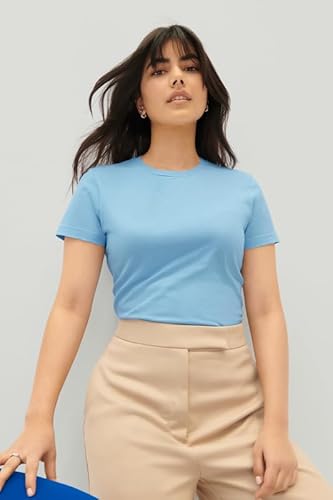 Pack de 2 camisetas para mujer, monocolor, ajustadas, cuello redondo, realzan la figura, extrasuaves, 100% algodón, azul claro, S