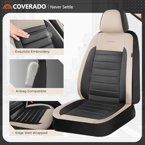 Image of Coverado 2 Pack Premium Faux Leather Front Car Seat Covers Breathable Mesh Auto Seat Protectors Airbag‑Compatible Universal Fit for Sedan SUV Truck Beige&Black