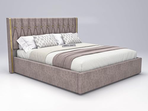 Image of Modern Upholstered King Size Bed with Box Storage for Bedroom | Wooden Double Bed with Storage | Platform Cot Bed with Upholstery Premium Fabric | Sheesham Solid Wood, (Brown), 6.5 x 6 Ft