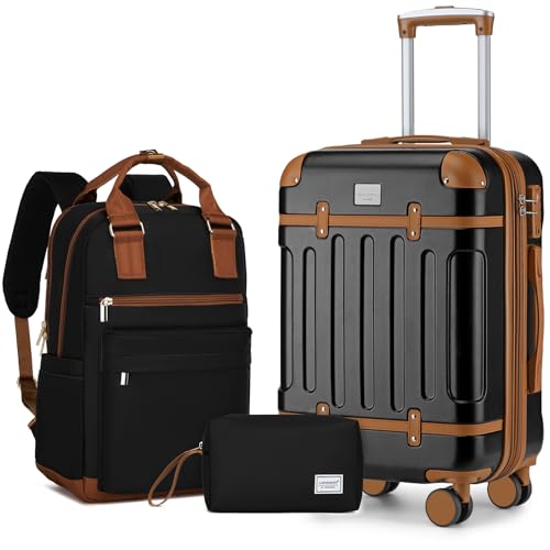 Image of LARVENDER Luggage Sets 3 Piece Expandable Carry on Luggage 22x14x9 Airline Approved Hardshell Suitcase with Wheels TSA Lock, Lightweight Suitcase Set for Women with Travel Backpack, Black