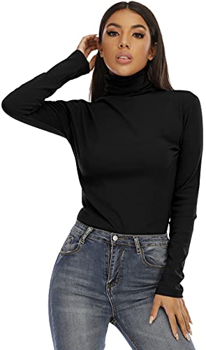 Image of RightPerson Women's Basic Long Sleeve Turtleneck T-Shirt Solid Slim Soft Cotton Tops