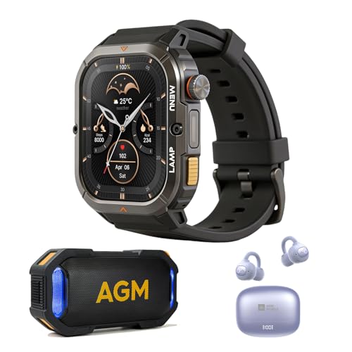 AGM Legion 3 Ultra Rugged Smartwatch Everyday Audio Bundle with Portable Speaker & Open-Ear Earbuds - Detailed View