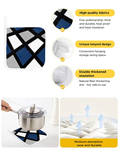 Navy Blue Grey Pot Holders For Kitchen, Modern White Geometric Abstract Art Black Lace Plaid Pot Holder With Loop Trivet Heat Insulation Oven Mitts Hot Pads, Washable Potholders For Cooking 2 Pack #TOP1