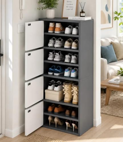Image of Mevigo-Wooden Shoe Rack with 4-Door - Tall Shoe Cabinet with Doors, 7-Tier Freestanding Shoe Storage Organizer for Entryway, Engineered Wood Shoe Stand Cabinet, Space-Saving Narrow Shoe Rack Wooden