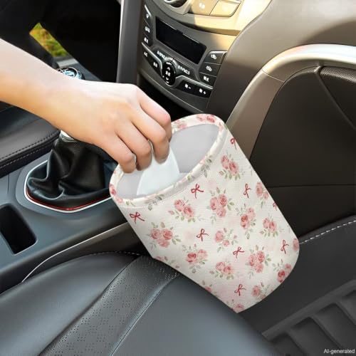 Image of Pink Flower Bow Car Trash Can Collapsible Hanging Portable Dustbin Bin Waste Basket for Women Car Accessories Interior Small Trash Can for SUV Trucks