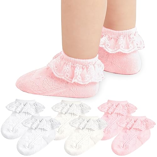 Image of Baby Girl Lace Socks Newborn Ruffle Socks Cute Infant Princess Dress Frilly Sock 0-24 Months 5/6 Pack