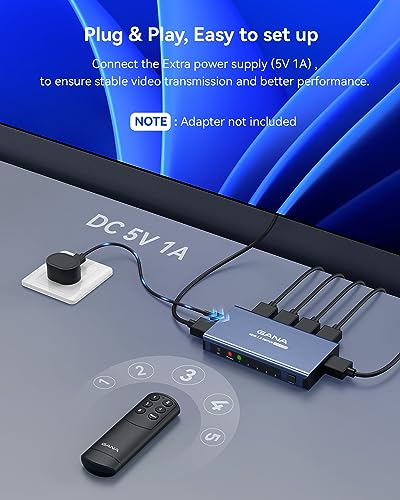 Image of HDMI Switch 5 in 1 Out 4K@60Hz, GANA HDMI Splitter Switcher with Remote, Aluminum HDMI 2.0 Switch Box Hub for 3D, HDCP2.2, HDR, Compatible with Xbox, PS5 /4 /3,Fire Stick,Roku,Blu-Ray Player, Blue