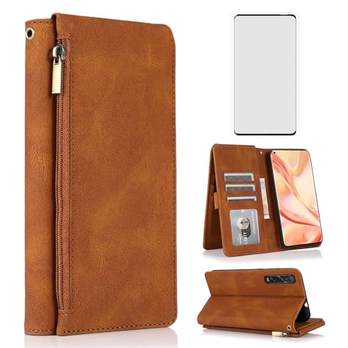 Image of Asuwish Compatible with OPPO Find X2 Pro Wallet Case and Tempered Glass Screen Protector Zipper Retro Leather Flip Cover Card Holder Stand Cell Accessories Phone Cases for CPH2025 Women Men Brown