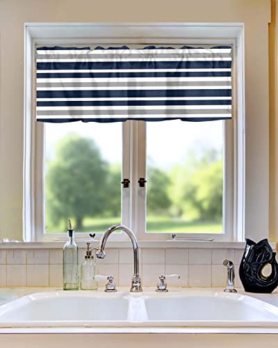 Onehoney Window Valances Kitchen Short Curtains, Navy Blue White Gray Stripes Rod Pocket Valance Drapes Decorative Window Treatment For Living Room Bedroom Bathroom Irregular Lines 54X18In #TOP7