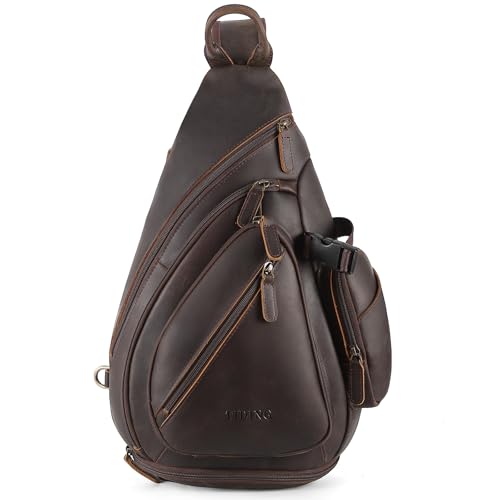 TIDING Full Grain Leather Sling Chest Bag for Men Large Crossbody Shoulder Bag Casual Hiking Daypack Fits 11' Tablet