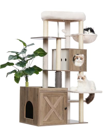 Gitelsnour Cat Tree with Litter Box Enclosure, Large Wooden Cat Tower Cat Condo for Indoor Cats with Play Garden (Leaf, Lawn, Hair Rubbers), Modern Cat House, Rustic Gray GCT110SG
