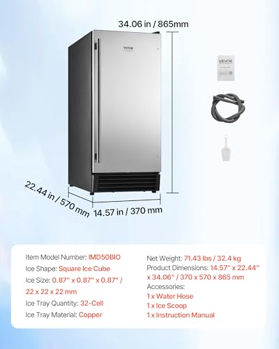 Image of VEVOR Undercounter Built-in Ice Maker, 50 Lbs /Day Under Counter Ice Maker Machine with Drain Pump, Reversible Door, Stainless Steel Freestanding Ice Maker for Commercial Home Kitchen