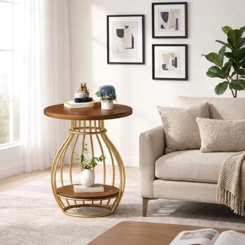 Image of Al Hama 2 Tier Coffee Table: Minimalist Nordic Style White Elegant Round Tables Tea Table Sturdy Metal Frame Corner Table Bedroom Bedside Table (Gold Brown)