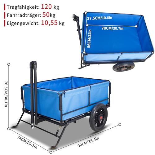 TMZ Fahrradanhänger 120L Tragfläche, Lastenanhänger mit Fahrradkupplung und Elastischem Netz, 50kg Zuladung, Handwagen mit Abnehmbaren Reifen, Reflektoren (Blau)