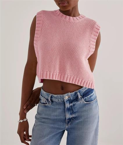Image of Women's Crewneck Sweater Tank Sleeveless Tie Up Vest Backless Slit Knit Crop Tops Y2K Casual Trendy Outfits Pink, Large
