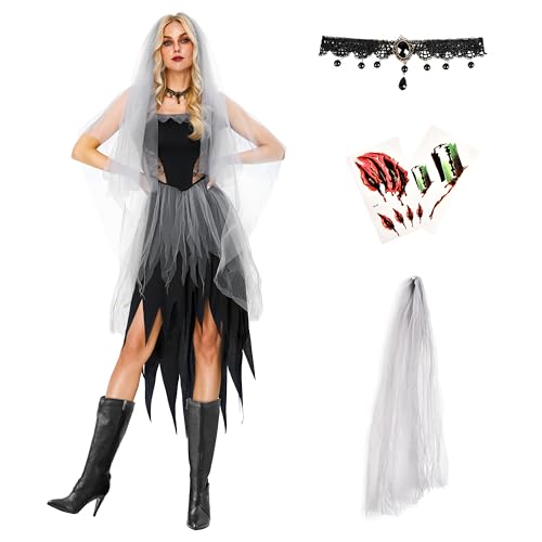 IEEILULU Disfraz Novia Cadaver Mujer, Disfraz Halloween Mujer Novia Cadaver, Disfraz Mujer Halloween Vestido con Collar y Velo, Disfraz Novia Zombie Terrorífica Halloween Carnaval Cosplay-Falda Larga