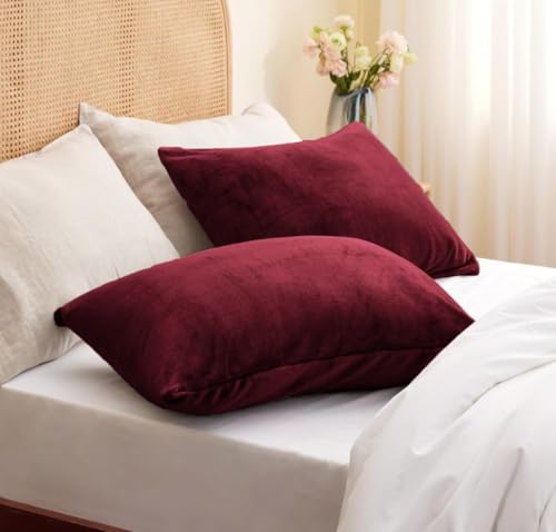 Image of Sands Premium Ultra Soft Woollen Pillow Cover Set of 2 for Winter with Zipper Closure, Cozy Pillow Case Perfect for Warmth, Flannel Warm Pillowcases, King size-18X28 Inches (Maroon)